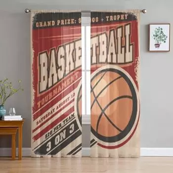 Ретро баскетбольный плакат дизайн шифоновые прозрачные шторы для гостиной спальни кухонные украшения оконные вуали тюлевые занавески 135W x 114H(cm)