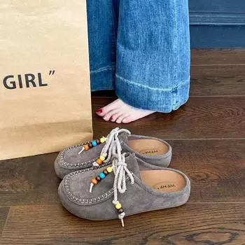 Retro beaded bag head Boken half slippers women s new one-pedal thick-soled literary and versatile shoes 35