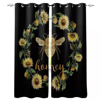 Retro Bee Sunflower Wreath Black Blackout Curtains For Living Room Bedroom Printed Window Treatment Drapes Home Decor W135 x H60cm