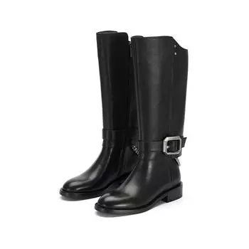 Retro belt buckle but knee boots women s new straight thick-soled retro round head thick heel back zipper boots 35