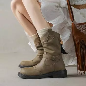 Retro belt buckle flat bottom rivet western boots knight boots short boots women s summer new British Martin boots single boots 40