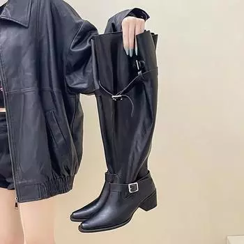 Retro belt buckle pointed high boots women s autumn and winter fashion versatile high-heeled leather boots temperament thick-heeled fashion boots tide 35