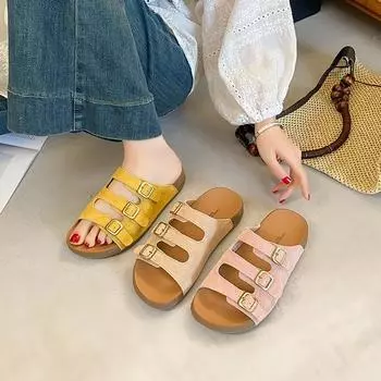 Retro belt buckle thick-soled casual slippers women s 2025 new lazy one-pedal soft-soled one-word beach slippers 35 хаки
