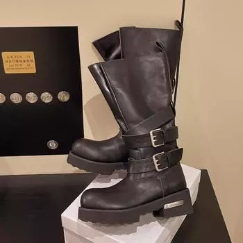 Retro belt buckle venom boots summer new bundle mouth big tube circumference thick bottom heightening punk locomotive boots 35