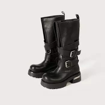 Retro belt buckle venom boots summer new bundle mouth big tube circumference thick bottom heightening punk locomotive boots 35