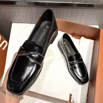 Ретро бесшовные лоферы для женщин – новые кожаные туфли на толстом каблуке в британском стиле 2025 года, размеры 41-43 34 чёрный