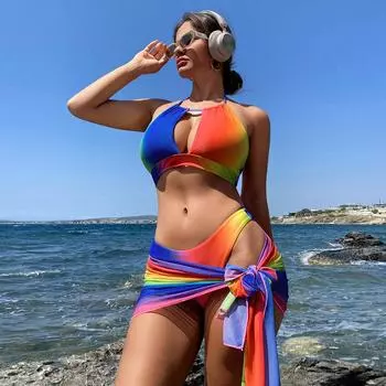 Ретро бикини с принтом, модный комплект бикини, купальник и накидка с юбкой, плотная женская повязка, летний пляжный роскошный элегантный S