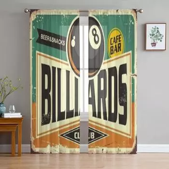 Дизайн ретро-знака бильярда с черными шифоновыми прозрачными шторами в виде восьмерки для гостиной, спальни, оконной вуали, тюлевой занавеской 135W x 114H(cm)