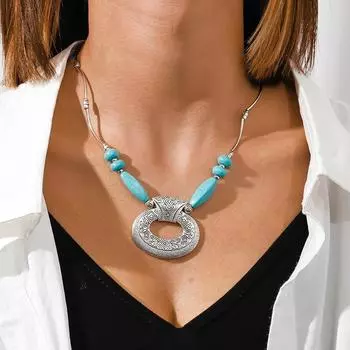 Ретро-бирюзовое ожерелье, ожерелье в национальном стиле, старинное серебряное овальное ожерелье-подвеска серебряный