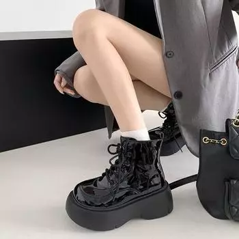 Retro black British style thick heel thick-soled Martin boots women s spring and autumn single boots 2025 new height-increasing and thin short boots 35 чёрный