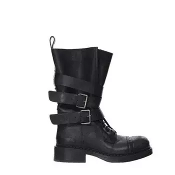 Retro black medium tube knight short boots women s spring and summer new soft leather thick heel belt buckle locomotive boots 35