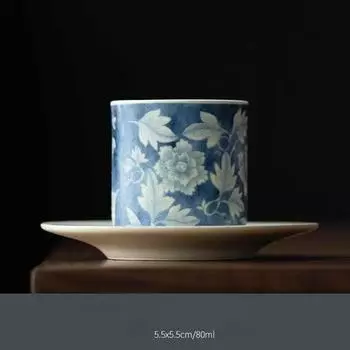 Retro Blue And White Cup And Saucer Set, Household Single Coarse Pottery Teacup, National Color Master Cup Tea Cup Matte Coaster Set