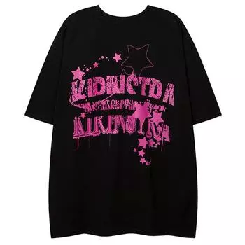 Винтажные футболки для пар в стиле хип-хоп с короткими рукавами и размытыми надписями в стиле ретро M чёрный