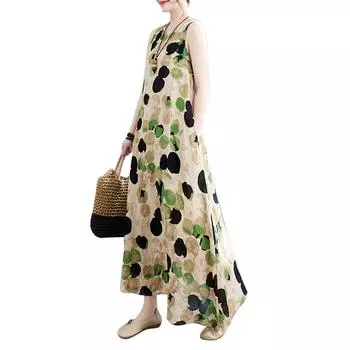 Ретро богемное платье Женский цветочный хлопок Шелковый повседневный жилет без рукавов Платье Женские летние платья XL синий