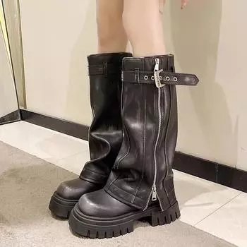 Ретро Большие Круглые Сапоги До Колена Женские Готические Туфли Платформа Пряжка Ремень Молния Сбоку Дизайн Массивные Высокие Каблуки Сапоги Botines 35