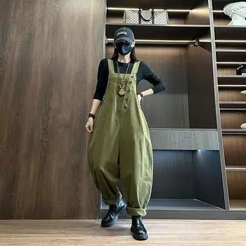 Ретро Большие размеры Инструменты Комбинезоны Женские Осенние Универсальные Повседневные Брюки XXL чёрный