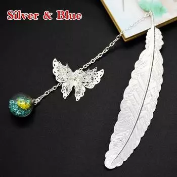 Retro Bookmark Feather Butterfly Creative Metal Bookmarks Stationery Gift Metal Feather Bookmark 2025 silver blue