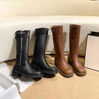 Ретро-ботфорты ниже колена, женские, с пряжкой на ремне, 4 года, новые, на толстом каблуке, длинные байкерские ботинки, женские, увеличивающие рост, длинные ботинки для женщин 35 чёрный