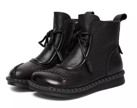 Ретро Ботильоны из мягкой кожи ручной работы - Низкий каблук, Удобные, Круглый носок, Резиновая подошва - Идеально для осени и зимы EU 40