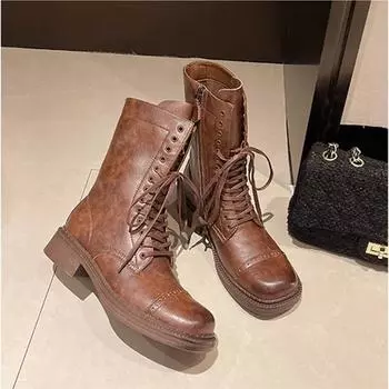 Ретро-ботинки для байкеров со шнуровкой длиной до середины голени, женские зимние модные ботинки на толстой платформе с квадратным носком и боковой молнией 35