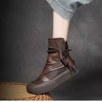 Ретро-ботинки Hollow Out Cool для женщин, толстая подошва, настоящая мягкая кожа, повседневная губчатая подошва, закрытый носок, короткие сетчатые ботинки 35 чёрный