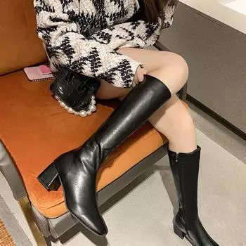 Ретро-ботинки с квадратным носком женские черные 2025 осень новый британский стиль толстый каблук небольшой мясистый высокие рыцарские сапоги 35
