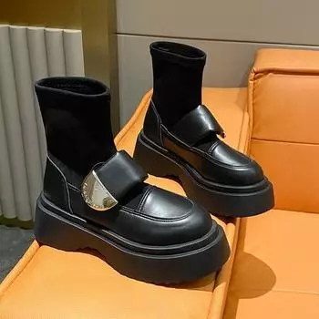 Ретро-ботинки с толстой подошвой и круглым носком в корейском стиле, модные женские эластичные ботинки 2024 года, осень, новые британские ботинки с короткими тонкими носками 35 чёрный
