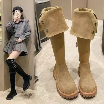 Ретро-ботинки с толстой подошвой, сложенные в складку, ковбойские сапоги в стиле вестерн, осенние и зимние матовые сапоги, рыцарские сапоги до колена на толстом каблуке 35