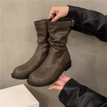 Ретро-ботинки средней высоты с плоским дном, рыцарские сапоги, женская обувь 2024 года, новые осенне-зимние сапоги с начесом, короткие сапоги, ботинки Martin 35