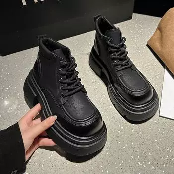 Ретро-ботинки Женские универсальные повседневные квадратные ботинки на толстой подошве 35 чёрный