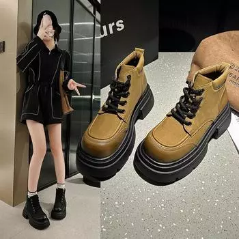 Ретро-ботинки Женские универсальные повседневные квадратные ботинки на толстой подошве 35 хаки