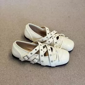 Retro bow cross strap Mary Jane shoes women s spring and summer new shallow rivet ballet flat shoes 35