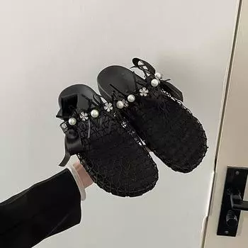 Retro bow hollow mesh thick bottom bag head half slippers women s summer new outer wear cool slippers 35