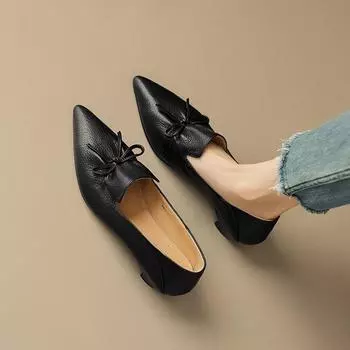 Retro bow pointed head deep mouth single shoes women s thick heel soft leather one pedal middle heel black 35 абрикосовый