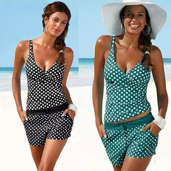 Ретро-боксеры в горошек, разделенный купальник, жилет с V-образным вырезом, шорты, 2 шт., купальник, пляжная одежда, купальный костюм M чёрный