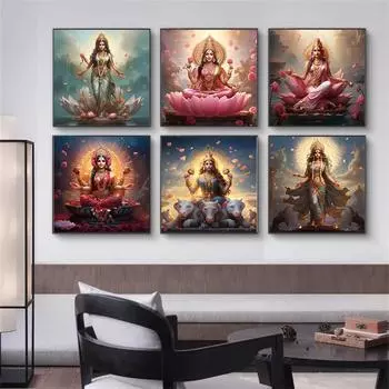 Ретро божественная индуистская богиня Лакшми холст картина индуизм приносит богатство плакаты и принты декор для гостиной без рамки 20x20cm No Framed