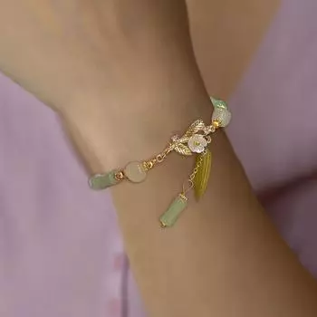 Ретро-браслет из бамбука с бахромой и цветами, имитация нефрита, браслет из бамбуковых бусин, женские аксессуары