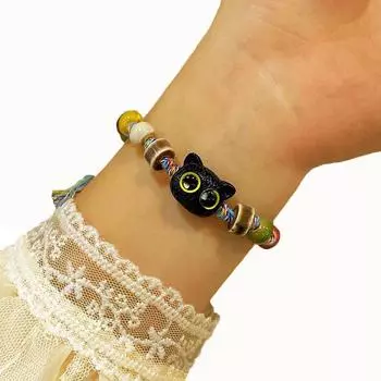 Ретро-браслет с разноцветными бусинами и кошкой, простое плетение, регулируемый, унисекс, ручная веревка, ювелирное украшение, подарок