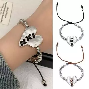 Ретро браслет с сердечками и бусинами, ремешок, браслет, регулируемый размер, не выцветающий, унисекс, браслет коричневый