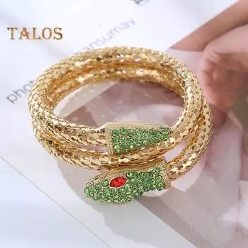 Ретро-браслет в форме змеи, декорированный стразами, регулируемый открытый дизайн, двухслойный полированный сплав, блеск, украшение на запястье на Хэллоуин, Рождество, рука зелёный