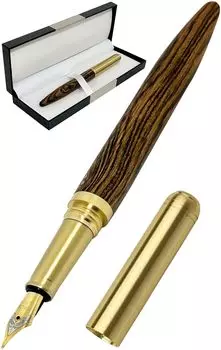 Retro Brass Fountain Pen Wooden Gold Color Cap Screw Type Note Book Letter Memo Book Novel Sketch Wood Pen Gift Box UB-Lab. (Tiger Skin)