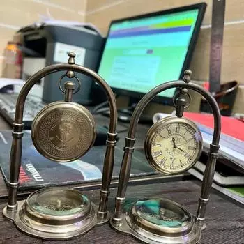 Retro Brass Small Table /Desk Clock with Roman Numerals and Compass Base Retro Style Nautical Birthdays Gift For Office & Home Dcor