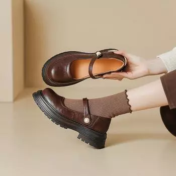 Ретро британские туфли с мелким носком, женские кожаные туфли с круглым носком и пряжкой в виде одного слова, универсальные японские туфли Мэри Джейн 34 коричневый