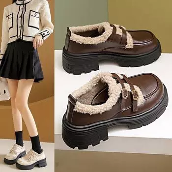 Ретро британский стиль бархатные утолщенные кожаные туфли женские осенние толстые каблуки толстые подошвы стремена одна нога Le Fu хлопковые туфли 35 чёрный