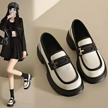 Ретро британский стиль маленькие кожаные туфли для женщин 2024 новые лоферы из бисквитного торта на толстой подошве на каблуках для женщин 35