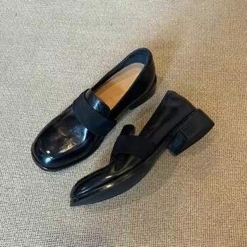 Ретро британский стиль маленькие кожаные туфли с одной ногой толстый каблук мокасины женские черные толстые каблуки одинарные туфли 34 чёрный