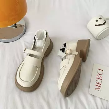 Ретро британский стиль маленькие кожаные туфли женские туфли на платформе толстый каблук японские туфли Мэри Джейн с большой головой одинарные туфли 35 бежевый