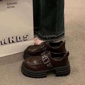 Ретро британский стиль маленькие кожаные туфли женские весна 2025 новые модные универсальные удобные повседневные мокасины нишевого дизайна 35 чёрный