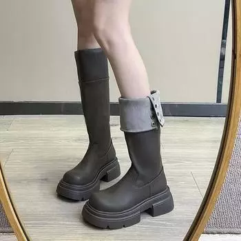 Ретро британский стиль модные темпераментные ботинки женские 2024 новые толстые каблуки на платформе рыцарские сапоги в иностранном стиле два вида модных сапог 35 чёрный