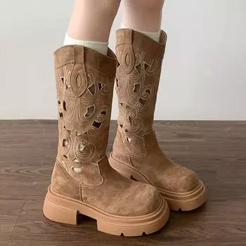 Ретро-британский стиль, но с толстой подошвой до колена, женские сапоги 2025 года, новые весенние и осенние сапоги-рыцари с V-образным вырезом 35 коричневый